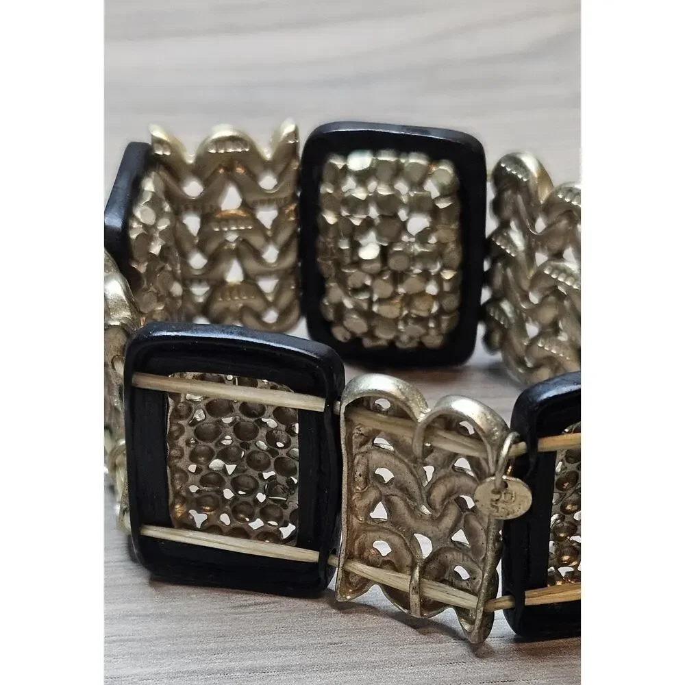 Roxanne Assoulin Gold Tone & Black Stretch Bangle Bracelet